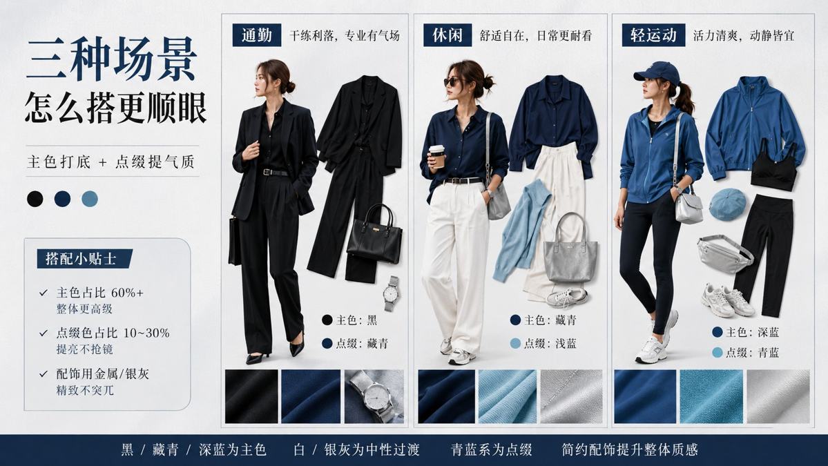 不是所有“补水”都要一身黑蓝,日常穿衣先把主色和点缀色分开 上身效果参考图