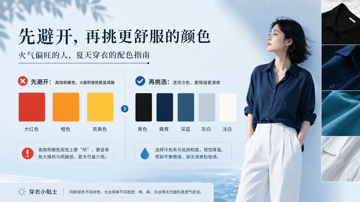 火气偏旺的人,夏天穿衣为什么更容易烦躁?颜色上可以先避开什么 服装参考图