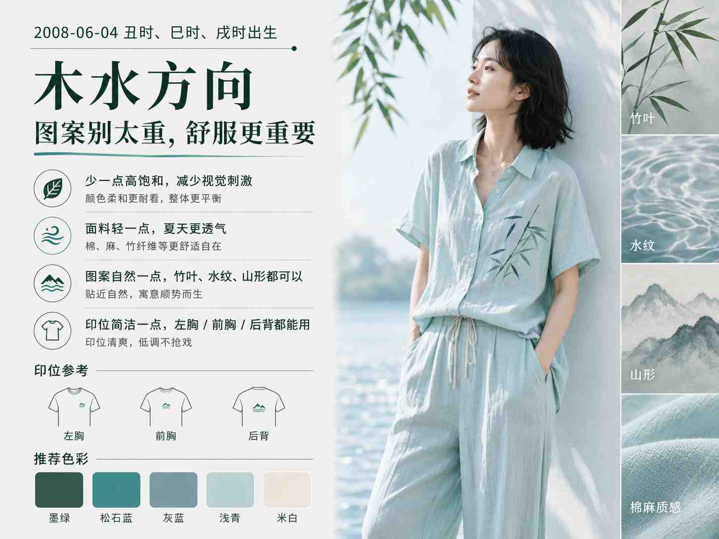 2008年6月4日丑巳戌时出生木水方向T恤颜色图案参考图