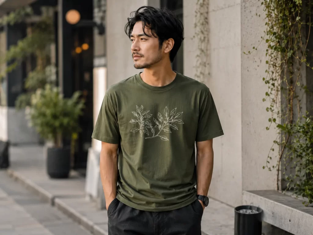 自然街区里土木色系T恤的上身参考